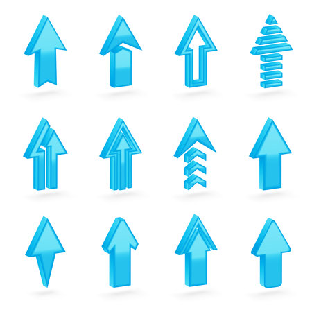 Set of twelve blue dimensional arrows with the glossy shading, eps10 vector clip-art, color and shading layers are separate, easy to editのイラスト素材