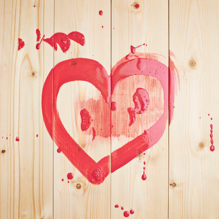 Red heart drawn over the polished pine wood boardsの写真素材