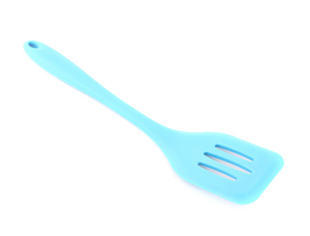 Blue cooking silicone spatula isolated over the white backgroundの写真素材
