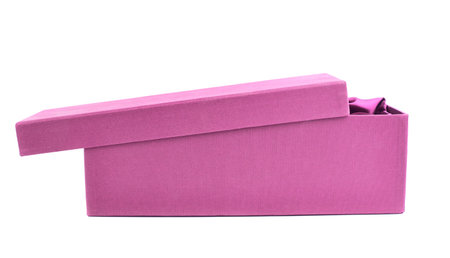 Pink magenta colored opened tall gift box with the velvet cloth inside, isolated over the white...