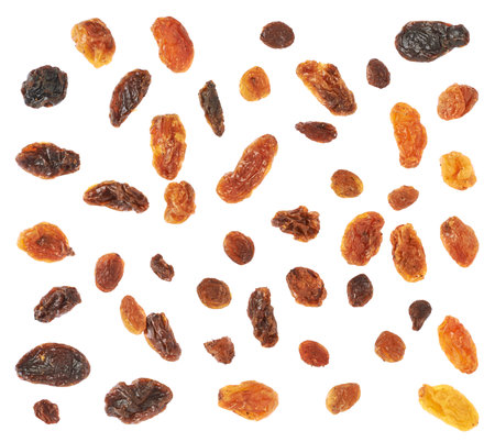 Set of multiple dried fruits raisins isolated over the white background, top view aboveの写真素材