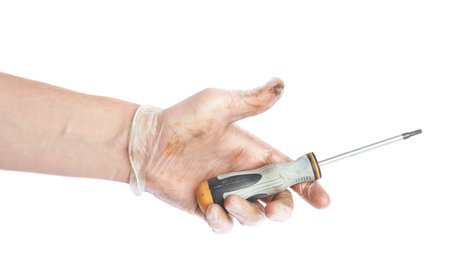 Hand in a rubber glove holding screwdriver, isolated over the white background