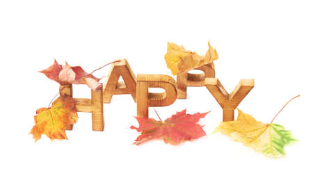 Word Happy made of block wooden letters covered with colorful maple leaves, composition isolated over the white backgroundの写真素材