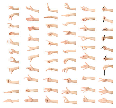 Multiple female caucasian hand gestures isolated over the white background, set of multiple images