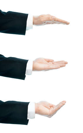 Dressed in a business suit caucasian male hand gesture of an opened palm, high-key light composition isolated over the white background, set of three imagesの写真素材