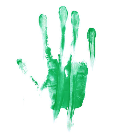 Handmade hand palm smeared oil paint print isolated over the white backgroundの写真素材