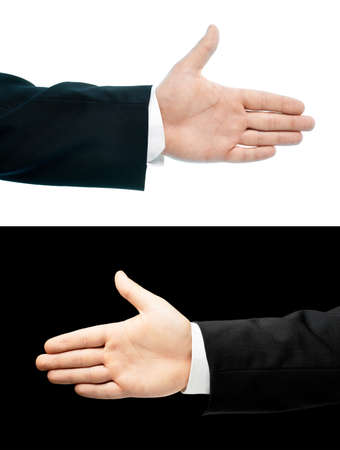 Caucasian hand in a business suit, opened palm hand gesture of offering a handshake, set of two versions, isolated over the white and black backgroundの写真素材