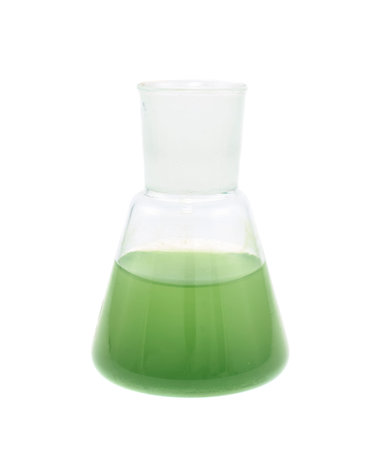 Erlenmeyer flask filled with the green colored liquid isolated over the white backgroundの写真素材