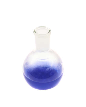 Erlenmeyer flask filled with the blue colored liquid isolated over the white backgroundの写真素材