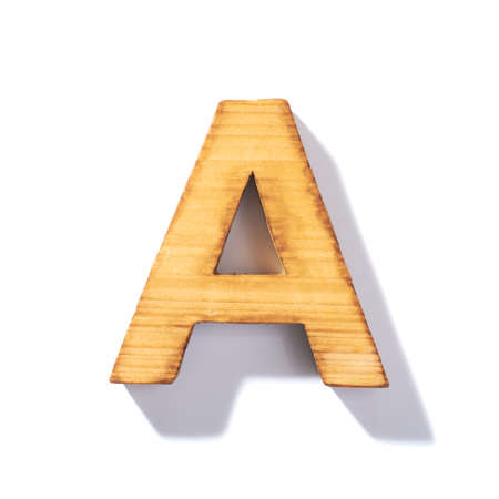 Single brown wooden A letter with 45 degree long shadow as a real life flat design font, isolated over the white backgroundの写真素材