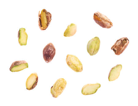 Set of multiple single pistachios isolated over the white backgroundの写真素材