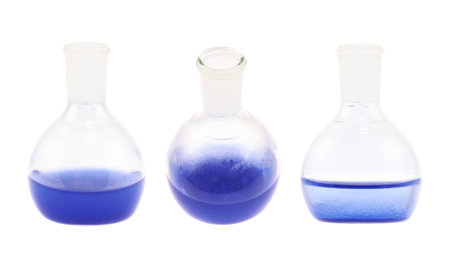 Erlenmeyer flask filled with the blue colored liquid isolated over the white background, set of three foreshorteningsの写真素材