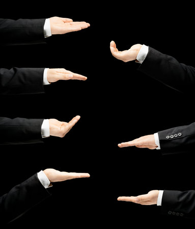 Caucasian male hand in a business suit, opened palm gesture sign in seven versions, low-key lighting...
