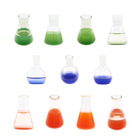 Erlenmeyer flask filled with the red, blue and green colored liquid isolated over the white...