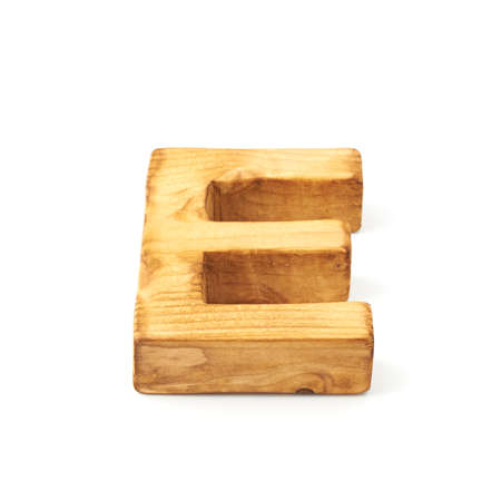 Single capital block wooden letter E isolated over the white backgroundの写真素材