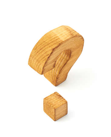 Single wooden question mark symbol isolated over the white backgroundの写真素材