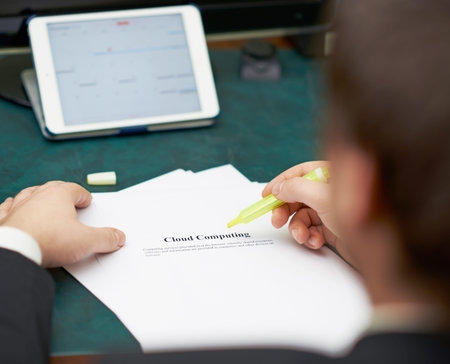 Marking words in a cloud computing definition, shallow depth of field composition