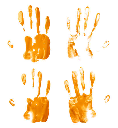 Handmade oil paint hand palm prints isolated over the white background, set of four different imagesの写真素材