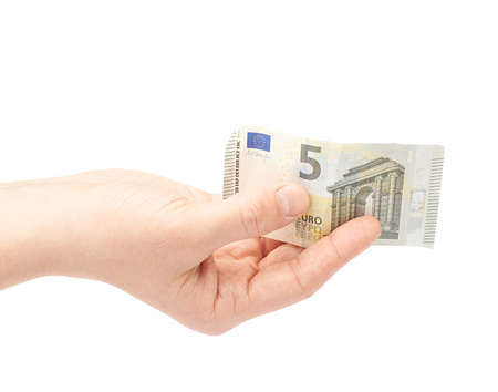 Male hand and holding five euro note, composition isolated over the white backgroundの写真素材