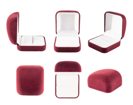 Cardinal dark red velvet box for the ring, isolated over the white background, set of six foreshorteningsの写真素材