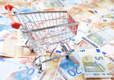 Tiny shopping cart over the surface covered with the multiple euro bank note billsの写真素材
