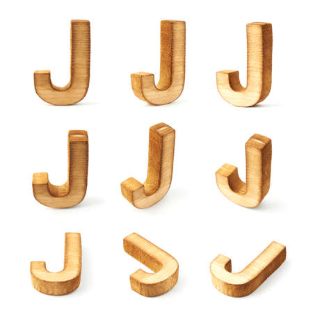 Set of nine block wooden capital J letters in different foreshortenings isolated over the white backgroundの写真素材
