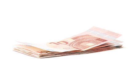 Few five euro bank note bills in a stack, isolated over the white backgroundの写真素材