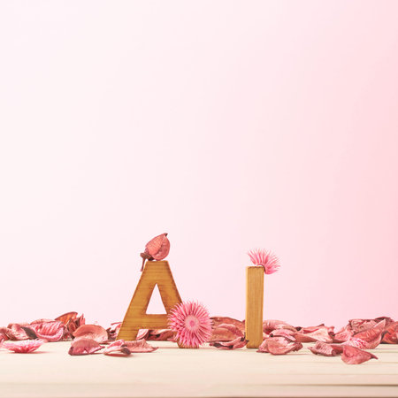 Word Ai meaning Love in Chinese language as a composition of wooden block letters covered with the dried flower potpourri leaves against the pink backgroundの写真素材
