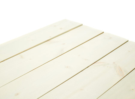 White paint coated wooden pine boards as a copyspace background composition isolated over the white backgroundの写真素材