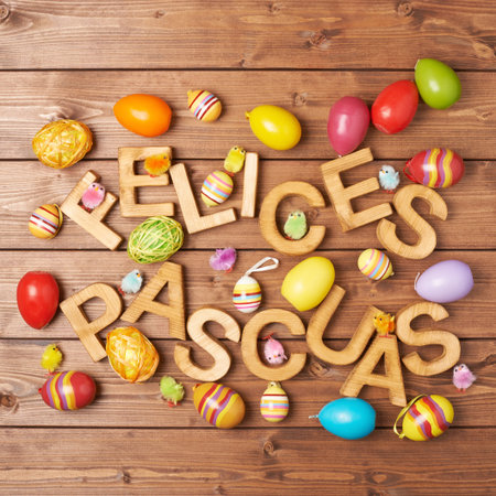 Words Felices Pascuas as Happy Easter in spanish language made of wooden letters and surrounded with multiple egg decorations as a festive Easter background compositionの写真素材