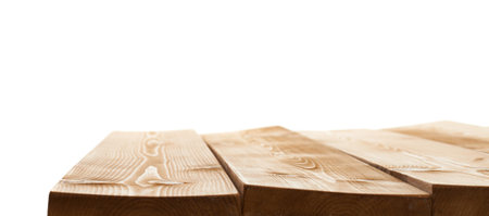 Brown paint coated wooden pine boards as a copyspace background composition isolated over the white backgroundの写真素材