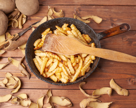 Cooking fried french potatoes composition of an old iron pan, potatoes, peels and pile of fries over the wooden tables surfaceの写真素材