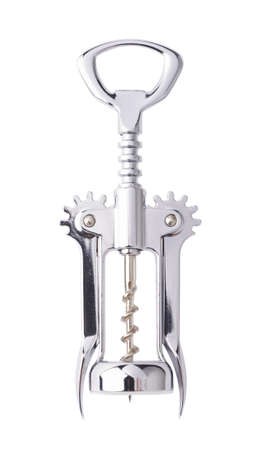 Glossy metal wine bottle opener isolated over the white , front view foreshorteningの写真素材