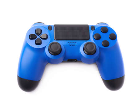 Gaming console blue plastic analog controller gamepad device isolated over the white backgroundの写真素材