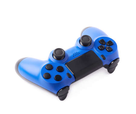 Gaming console blue plastic analog controller gamepad device isolated over the white backgroundの写真素材