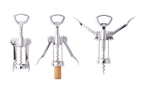 Set of three stages of glossy metal wine bottle opener, images isolated over the white backgroundの写真素材