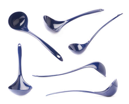 Blue glossy plasic kitchen food serving ladle spoon isolated over the white background, set of multiple different foreshortening imagesの写真素材
