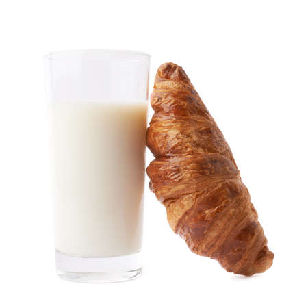 Croissant and glass of milk composition isolated over the white backgroundの写真素材