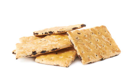 Pile of multiple raisin cracker cookies isolated over the white backgroundの写真素材