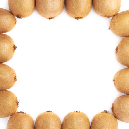 Multiple kiwi fruits or chinese gooseberries as a square frame composition isolated over the white backgroundの写真素材