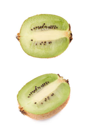 Sliced half of a kiwi fruit chinese gooseberry kiwi isolated over the white backgroundの写真素材