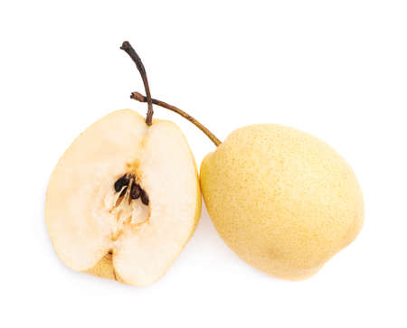 Cut and served yellow pear composition isolated over the white backgroundの写真素材
