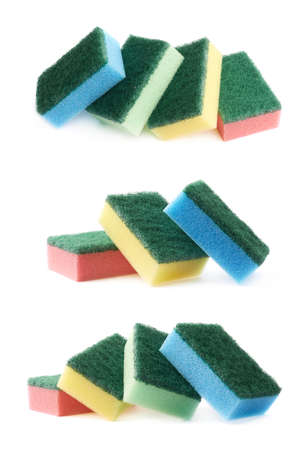 Pile of multiple colorful dish washing kitchen sponges isolated over the white background, set of three different foreshorteningsの写真素材