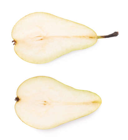 Green pear cut in half cross-section isolated over the white background, set of two different foreshorteningsの写真素材