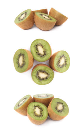 Sliced and cut kiwifruit chinese gooseberry kiwi composition isolated over the white background, set of three different foreshorteningsの写真素材