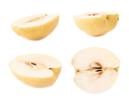 Yellow pear cut in half isolated over the white background, set of four different foreshorteningsの写真素材