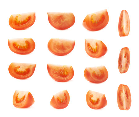 Slice section of red tomato isolated over the white background, set of multiple different foreshorteningsの写真素材