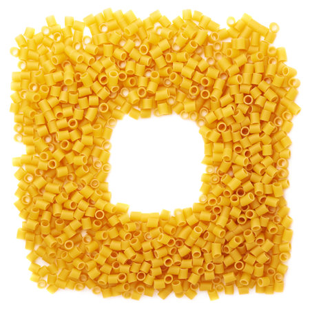 Square frame made of dry ditalini yellow pasta over isolated white backgroundの写真素材