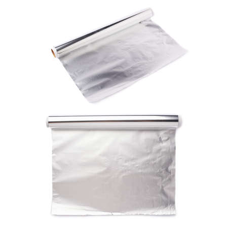 Set of roll of aluminium gray foil paper over isolated white background, different foreshorteningsの写真素材