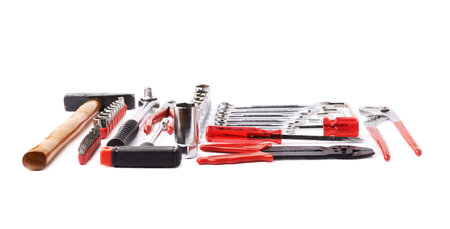 Set of different work tools over white isolated background